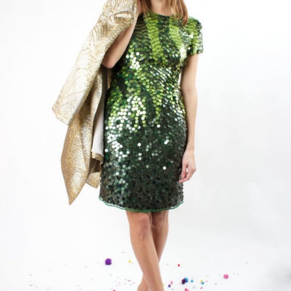 AIDAN MATTOX 100% Silk Sequin Embellished Cocktail Dress Green 4 EUC